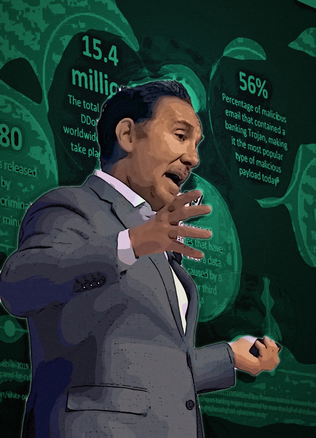 Illustrated portrait of Joe Bernik delivering a keynote on the cyber threat landscape