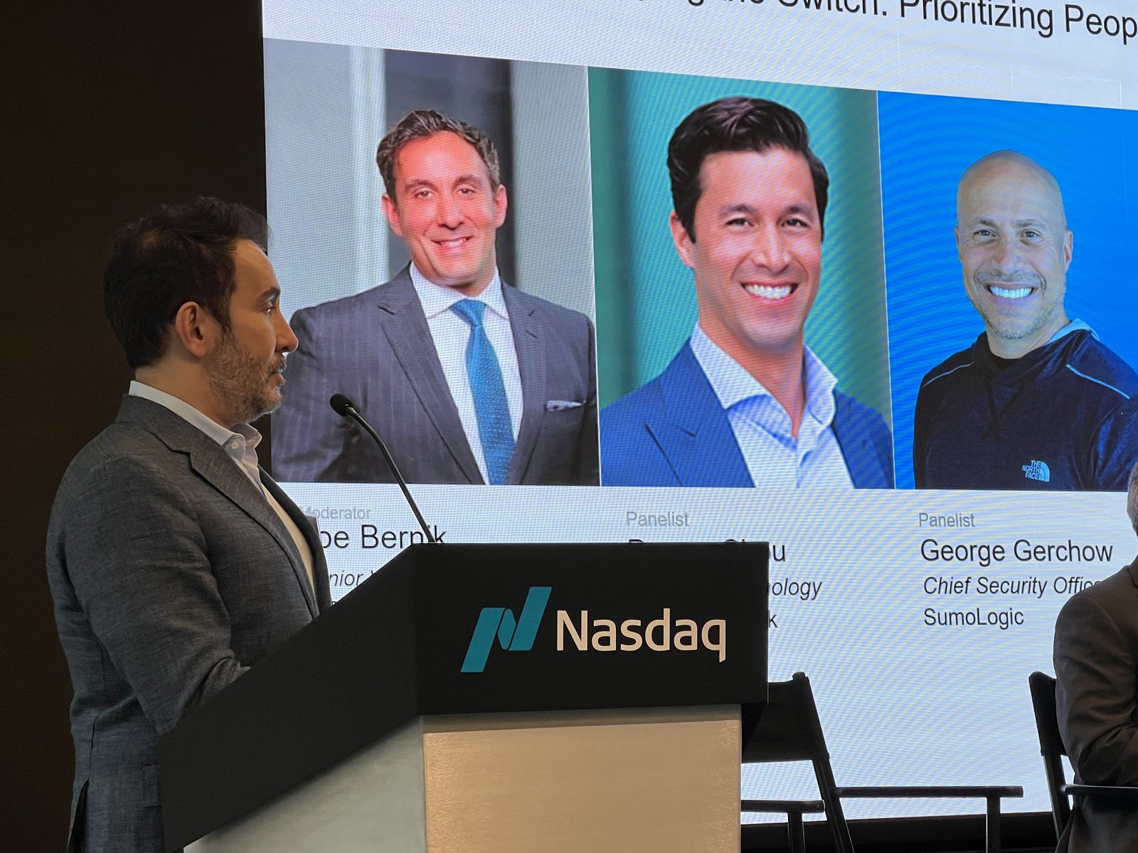 Joe Bernik moderating a panel at Nasdaq